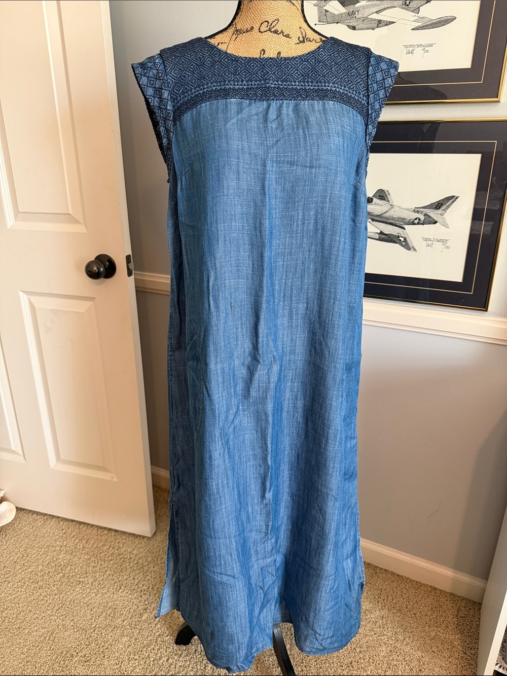 J. Jill Blue Chambray Maxi Dress with Embroidered Yoke